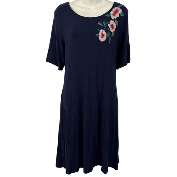 Nina Leonard Dresses & Skirts - Nina Leonard Womens Embroidered Navy Blue Jersey Knit Short Sleeve Dress sz L